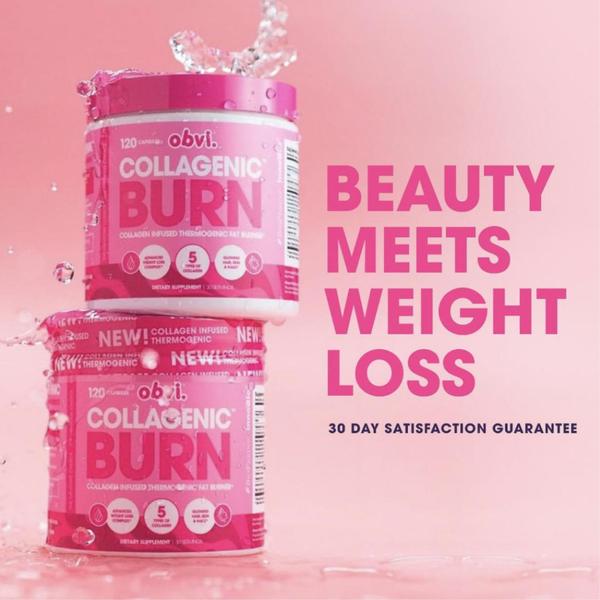 A split-level product display of Collagenic Burn jars against a solid pink background with water splash effects, communicating a dual-benefit proposition.